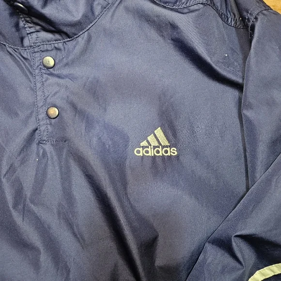 Adidas Mens Large Snap Pullover Windbreaker Jacket Navy Blue 3-Stripes Retro - Picture 2 of 7